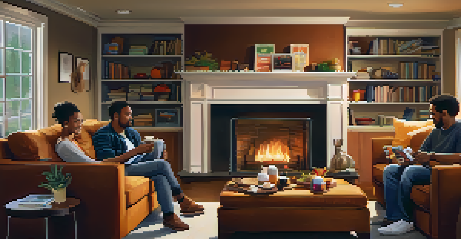 A group of friends in a cozy living room having a supportive conversation.
