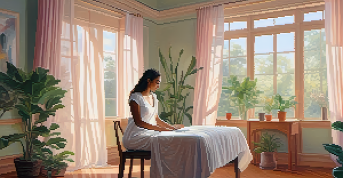 A woman performing a self-check in a bright, tranquil room, promoting breast health awareness.