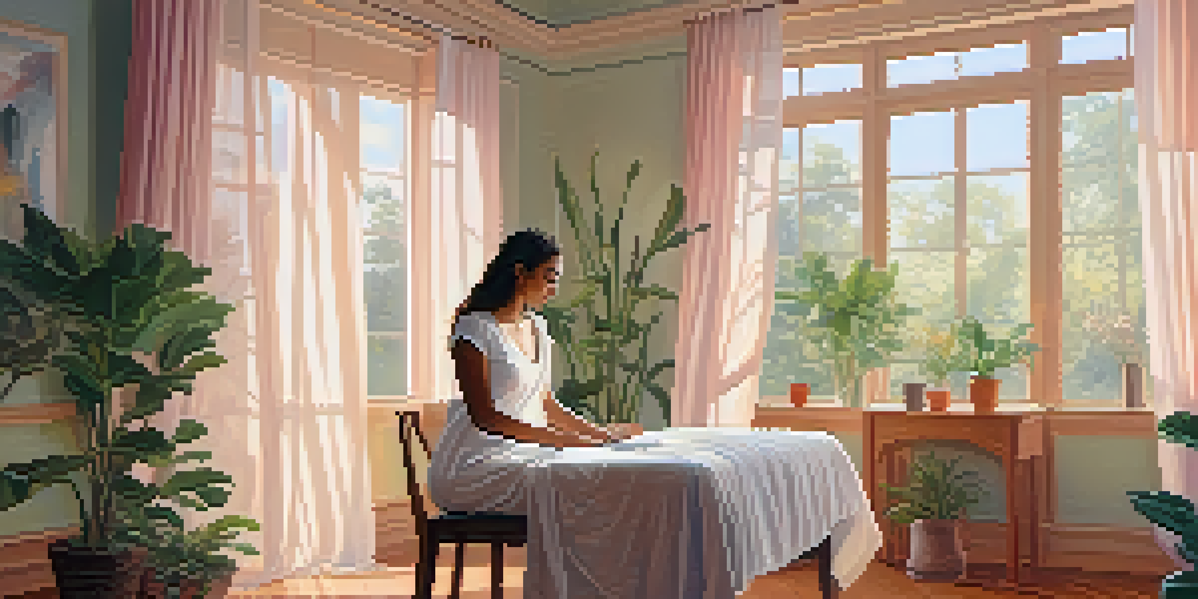 A woman performing a self-check in a bright, tranquil room, promoting breast health awareness.