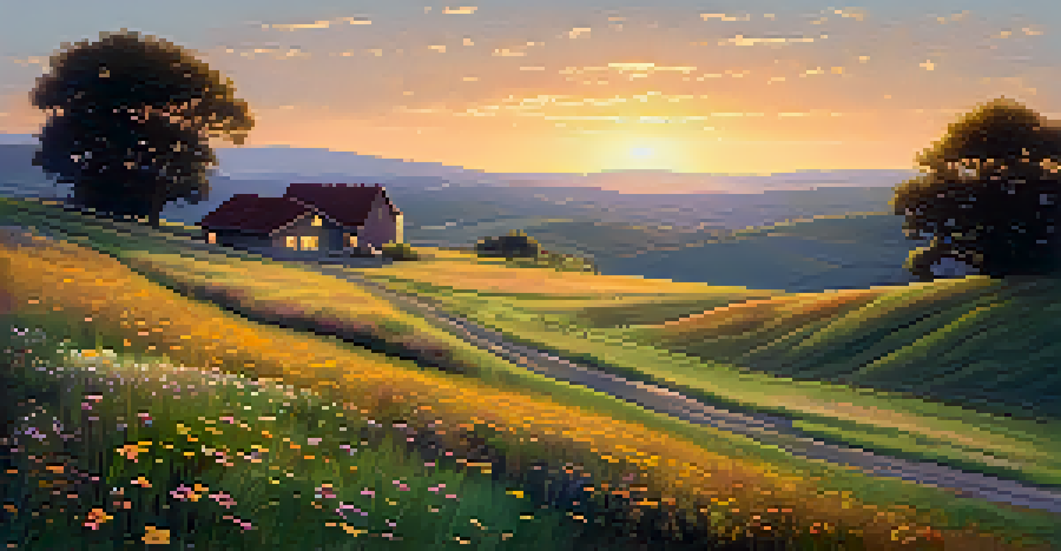 A peaceful rural landscape featuring a farmhouse and wildflowers, illuminated by a warm sunset.