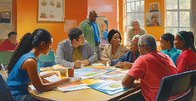 A group of diverse individuals participating in a health literacy workshop, discussing health topics with visual aids on a large table.