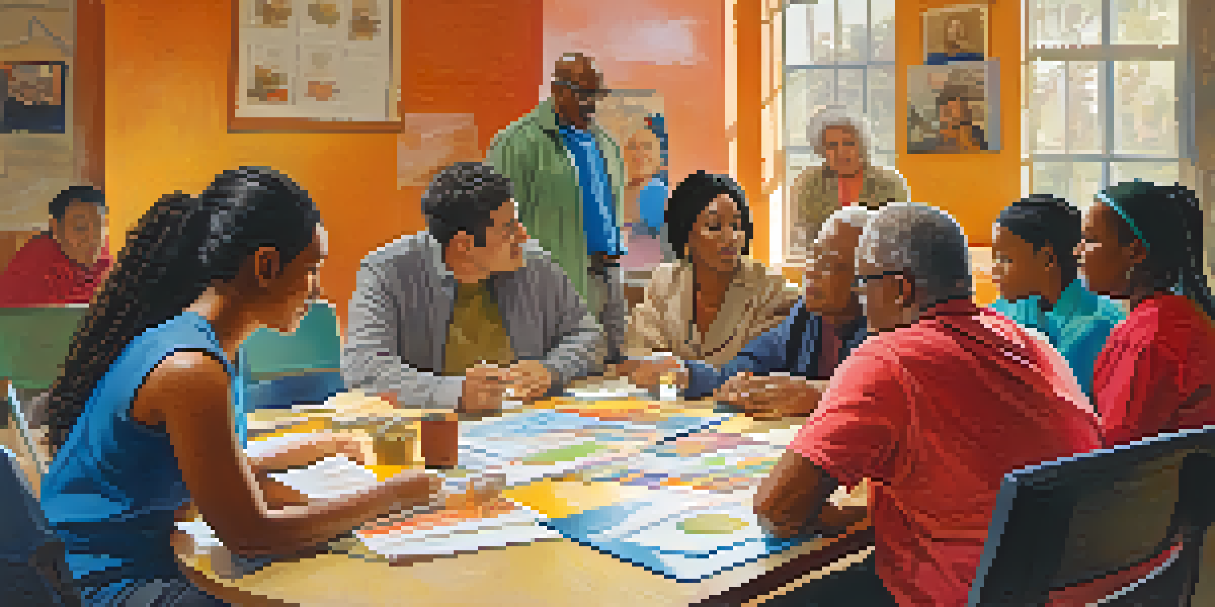 A group of diverse individuals participating in a health literacy workshop, discussing health topics with visual aids on a large table.