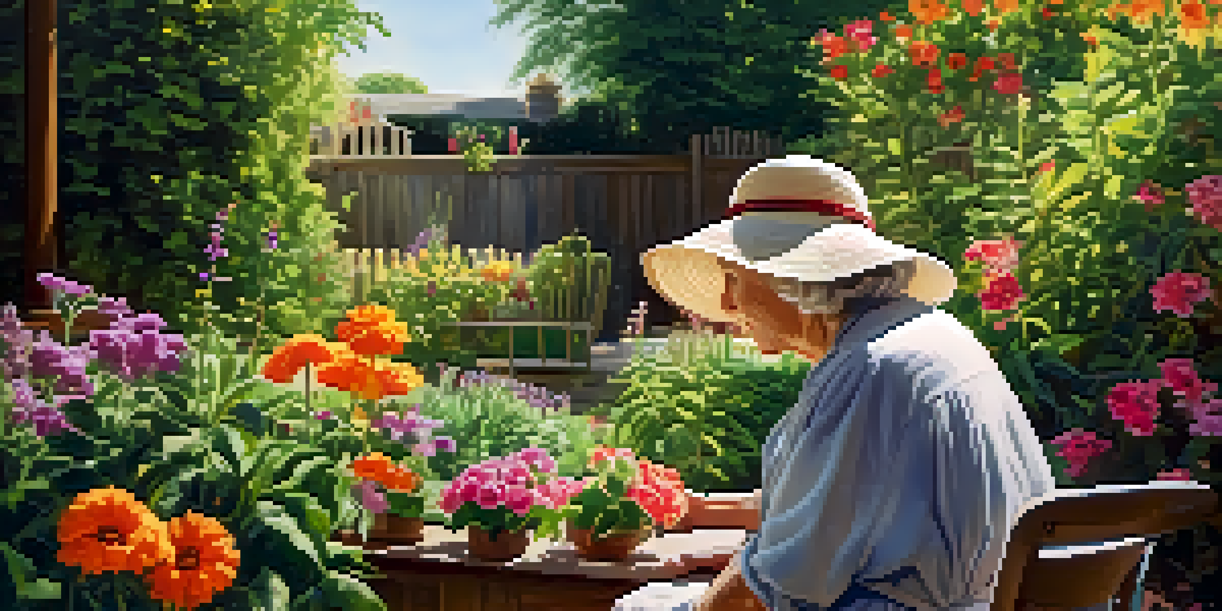 An elderly woman gardening in a sunlit garden filled with flowers and greenery.