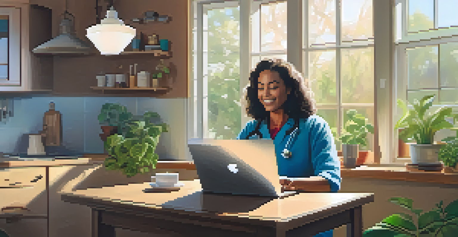 A rural resident having a telehealth consultation on a laptop at a kitchen table, with a bright and inviting atmosphere.