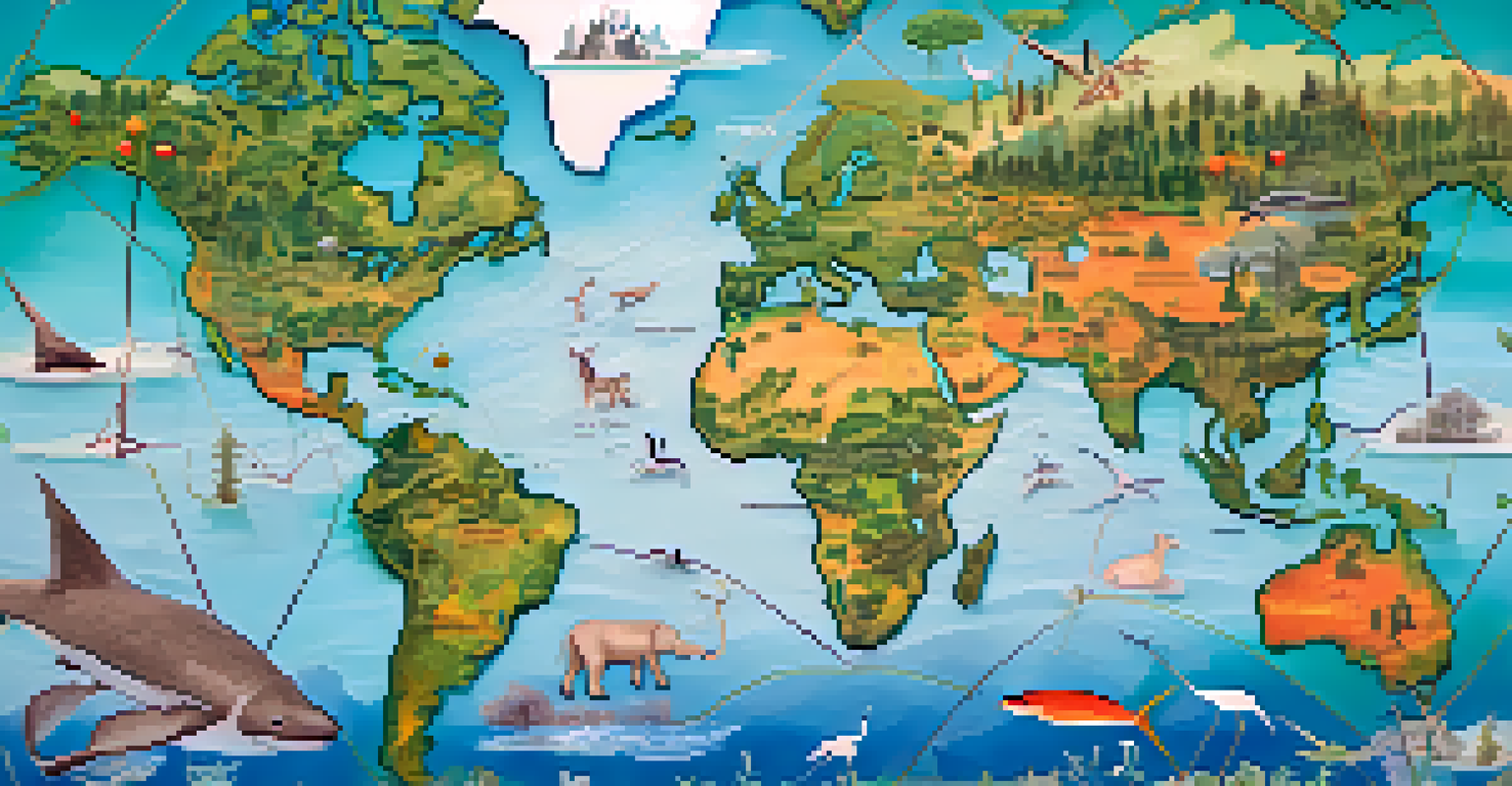 A world map showing connections between countries with icons representing wildlife and health initiatives.