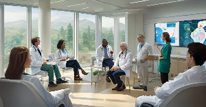 A group of doctors and patients discussing pharmacogenomics in a bright healthcare room filled with charts and genetic models.