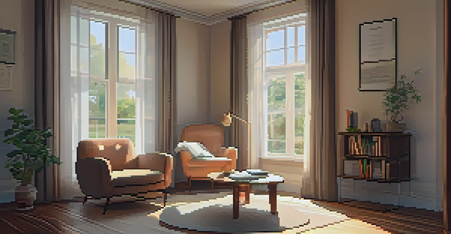 A warm and inviting therapy room with soft lighting and books on addiction treatment.