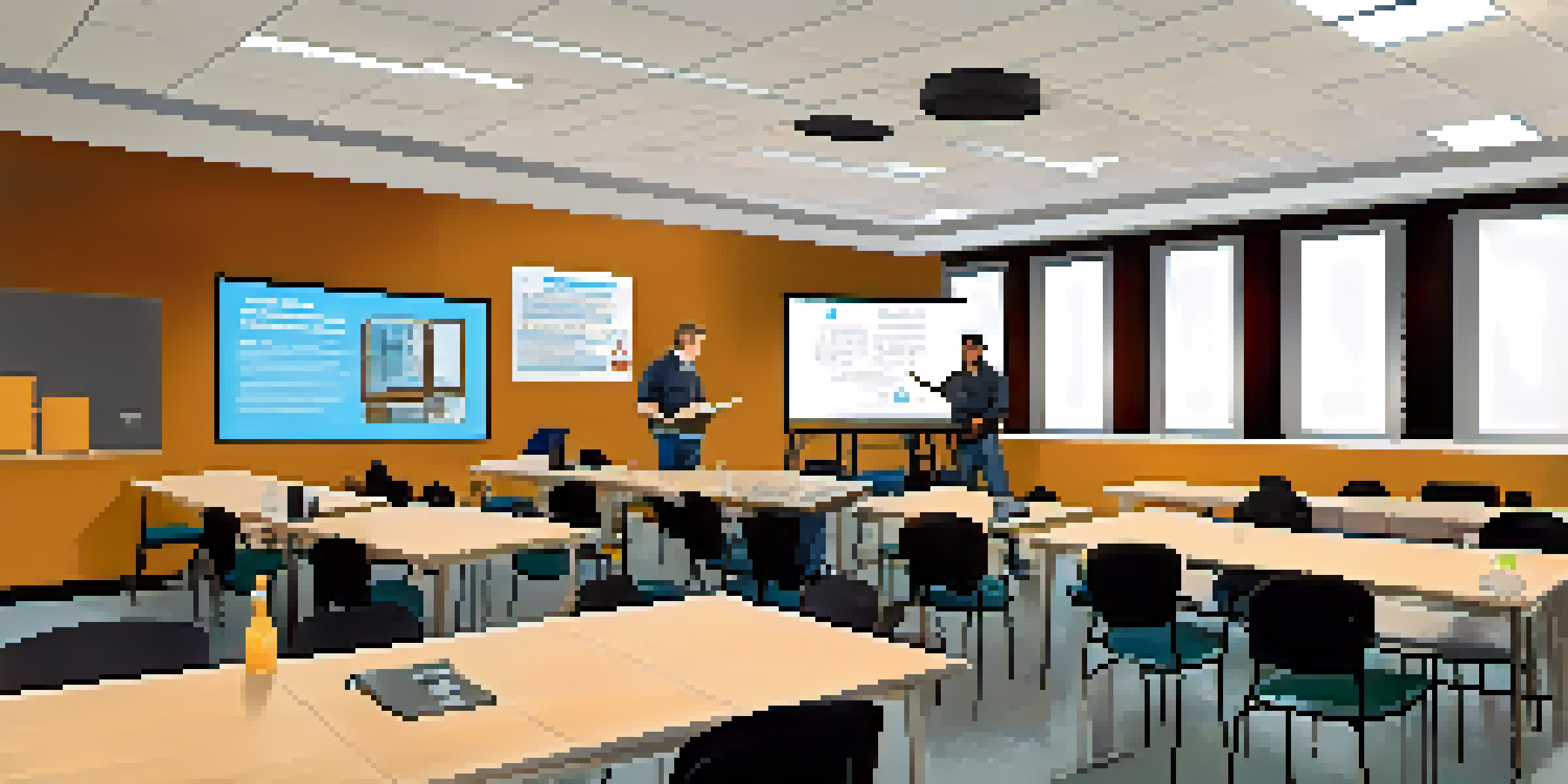 A training room with employees participating in a safety training session, focusing on discussions and practical exercises.
