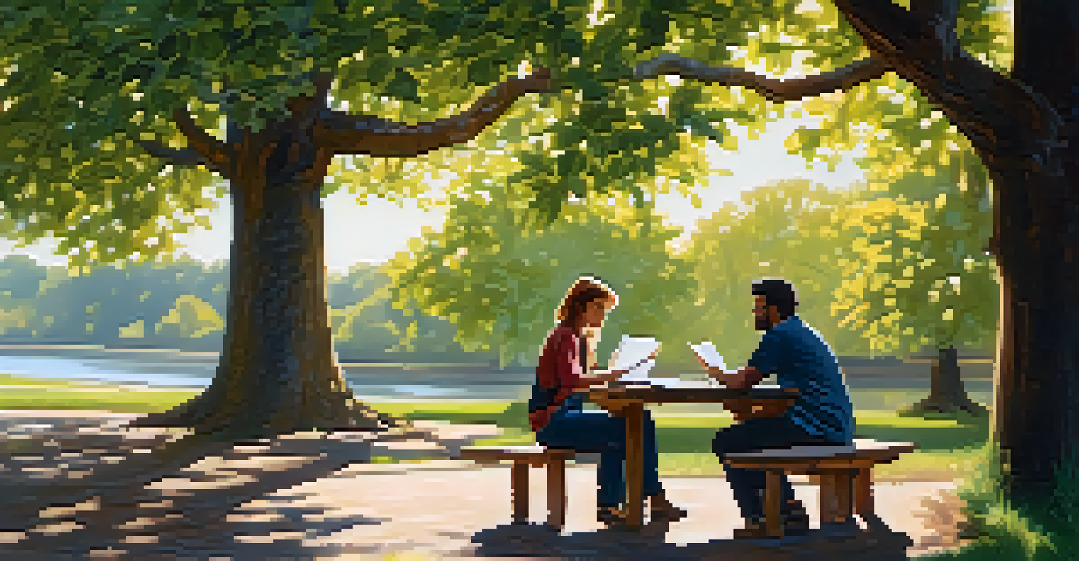 A researcher and a participant discussing informed consent at a picnic table in a serene outdoor setting.