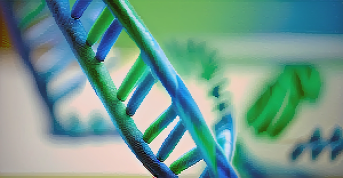 A detailed close-up of a DNA double helix in vibrant colors against a blurred laboratory background.