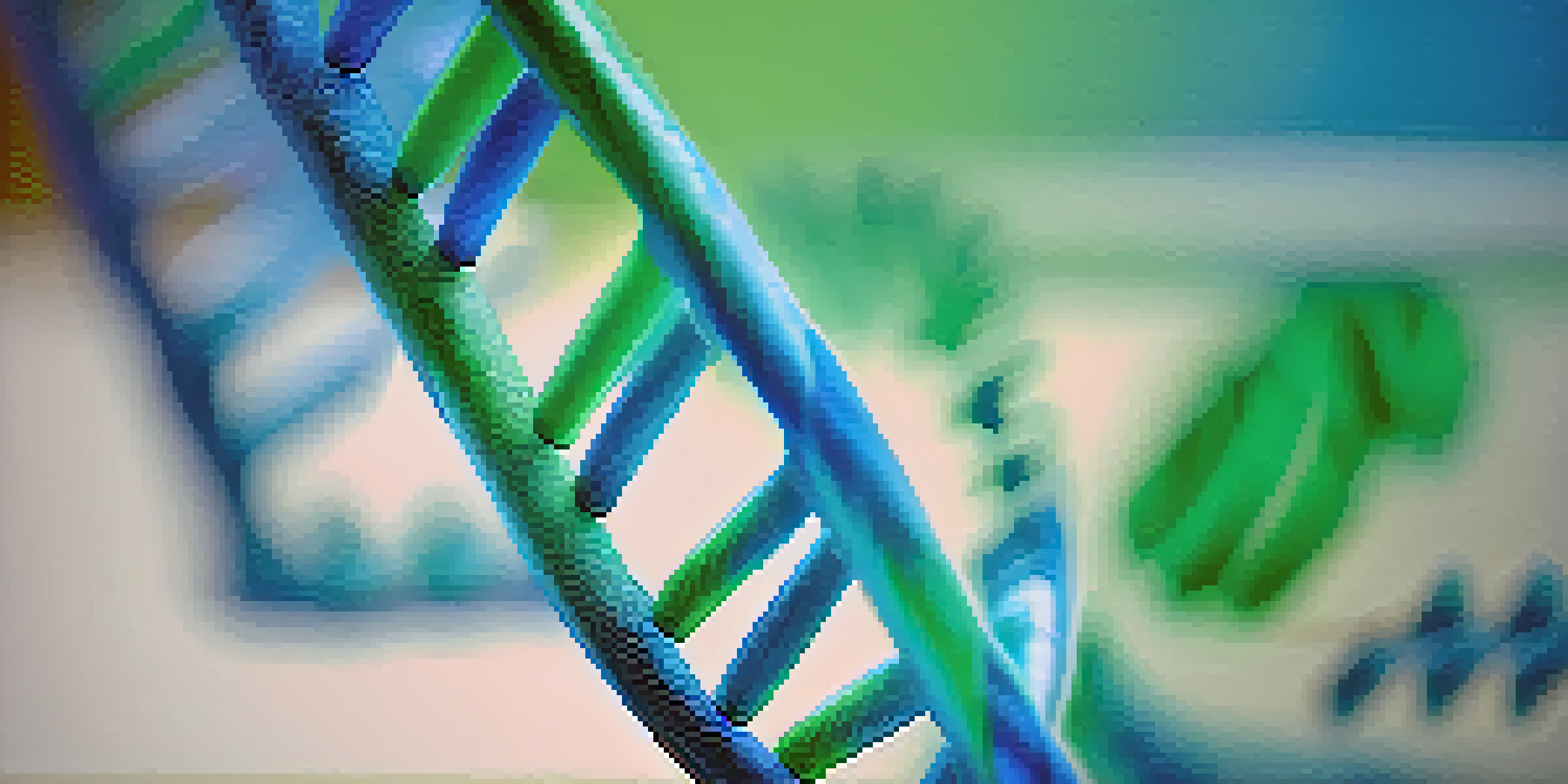 A detailed close-up of a DNA double helix in vibrant colors against a blurred laboratory background.