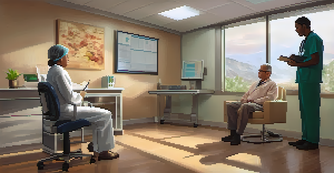 A healthcare provider and a patient in a medical office discussing a diagnosis, surrounded by charts and a computer in a warmly lit room.
