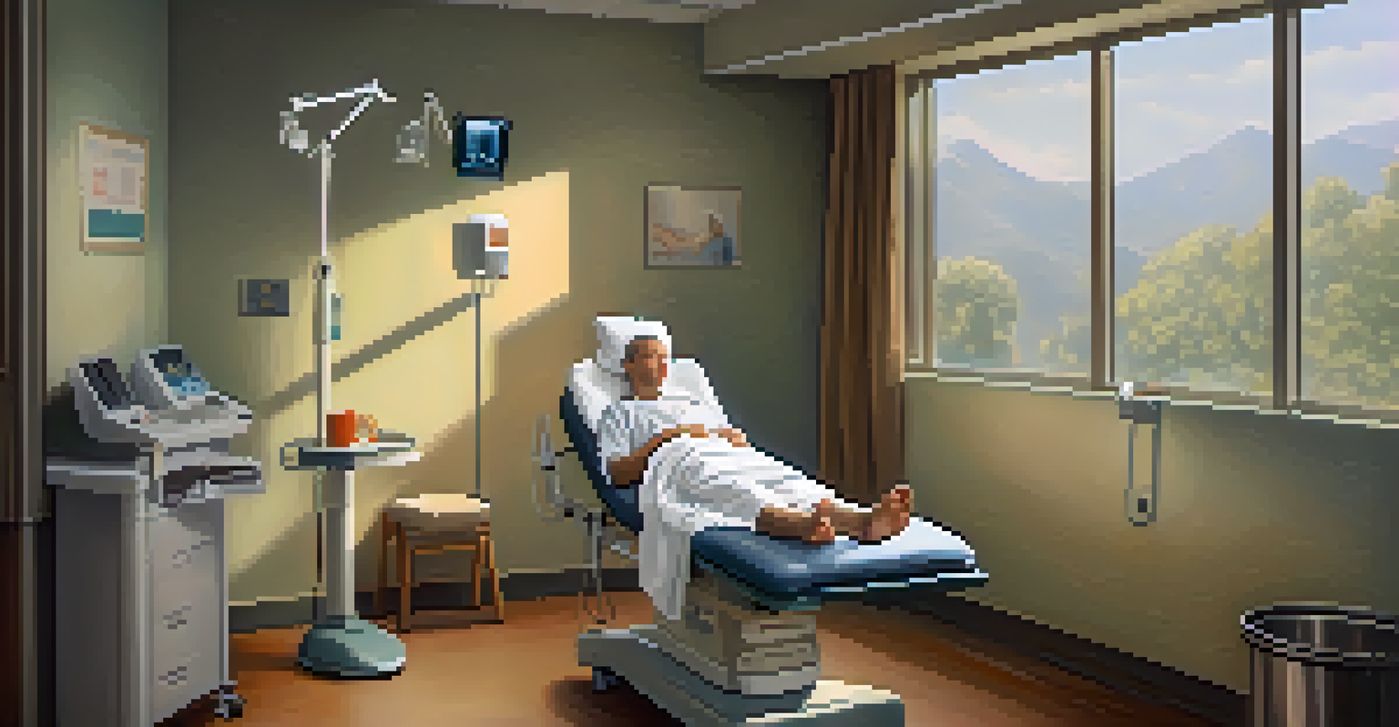 A patient resting in a recovery room after knee arthroscopy, with soft lighting and a peaceful atmosphere.