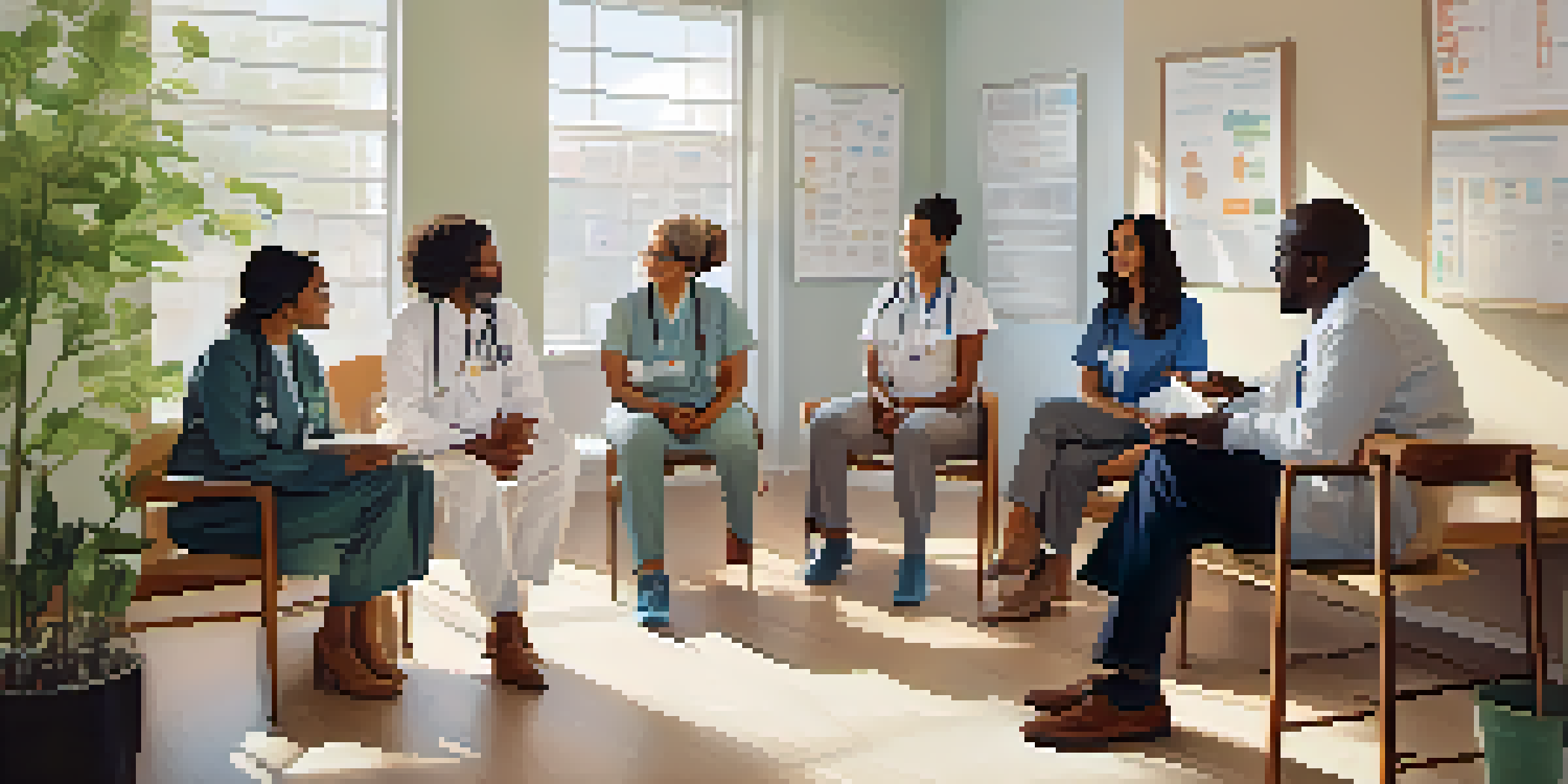 A diverse team of healthcare professionals discussing a patient's care plan in a bright clinic filled with plants and medical charts.