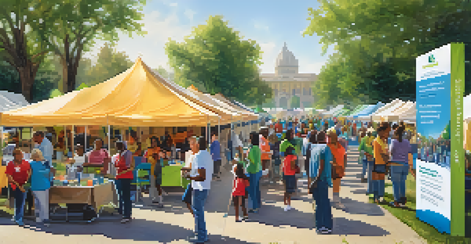 A vibrant community health fair with diverse participants engaging in health screenings and educational activities under colorful tents.