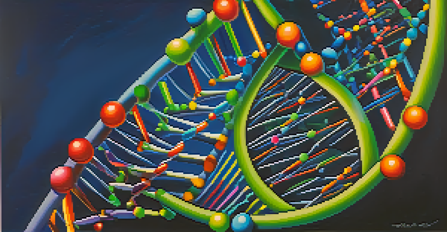 A vibrant illustration of a DNA double helix with colorful molecular structures and genetic sequences in a blue to green gradient background.