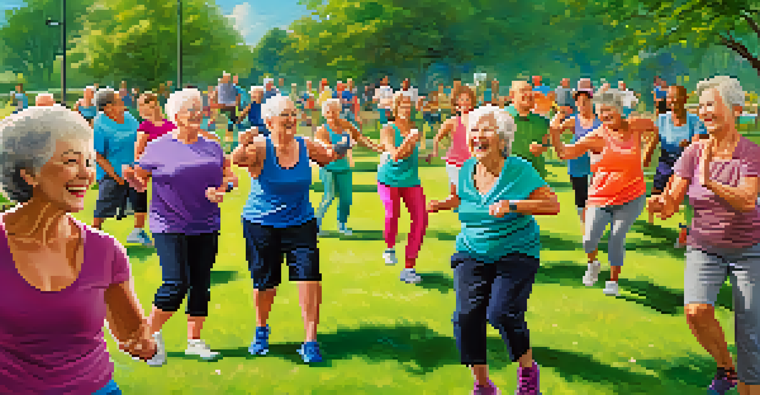 A group of seniors participating in an outdoor Zumba class in a park.