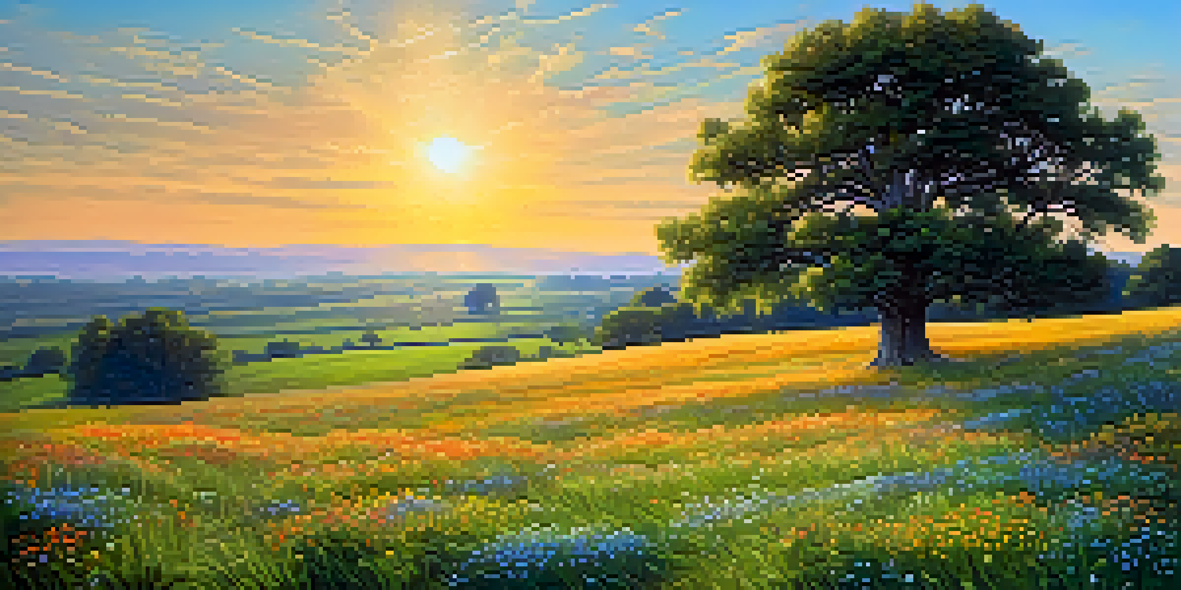 A peaceful green field with colorful wildflowers and a single tree under a bright blue sky during sunset.