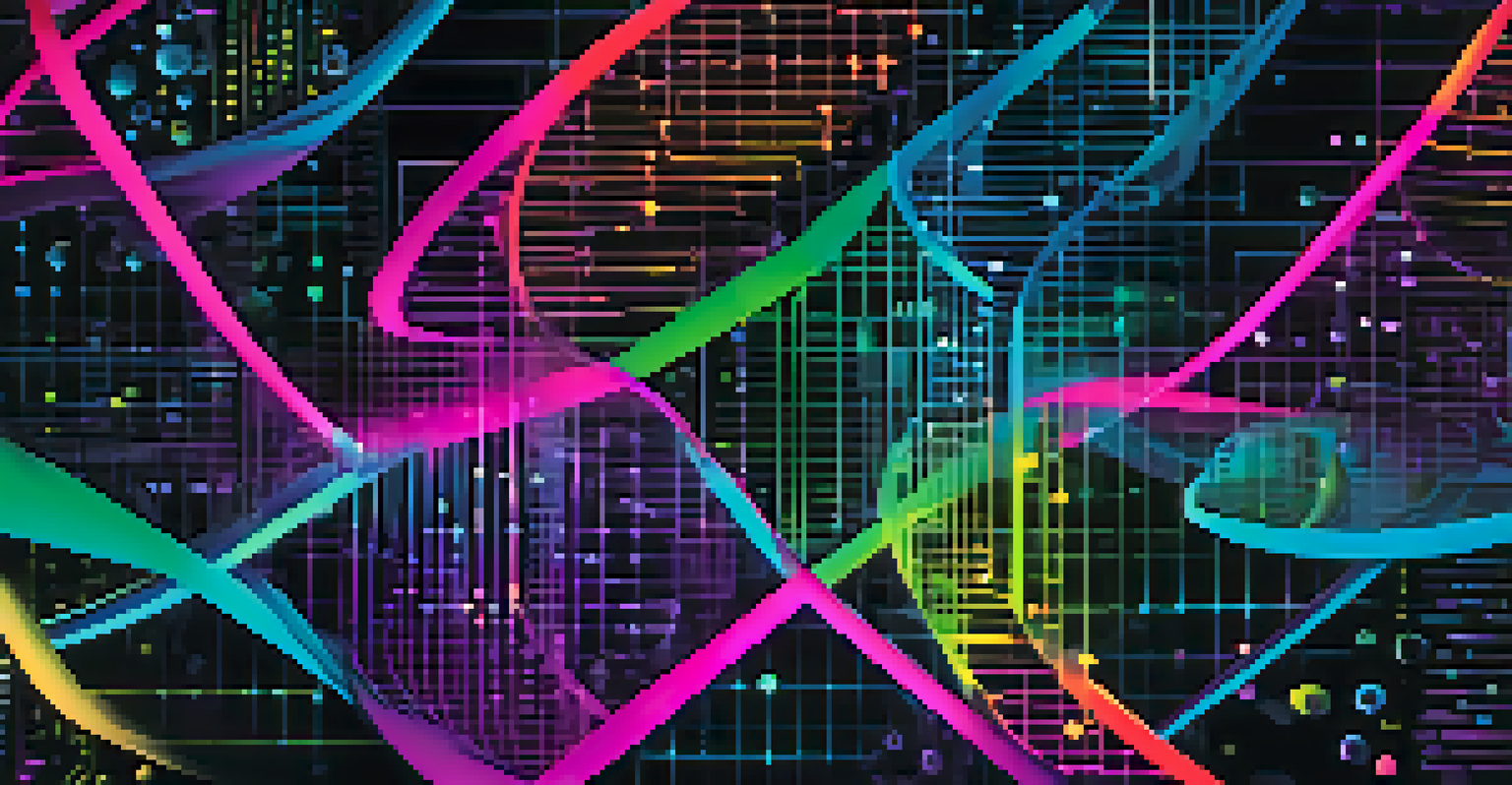 An abstract image showcasing colorful DNA strands and binary code, representing the intersection of genetics and technology.