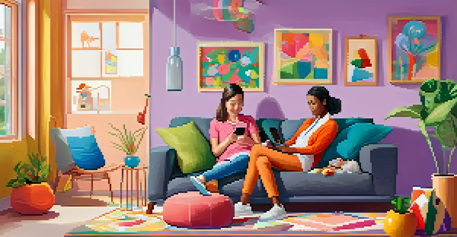 A mother and child on a couch engaging in a video call with a pediatrician on a tablet in a colorful living room.