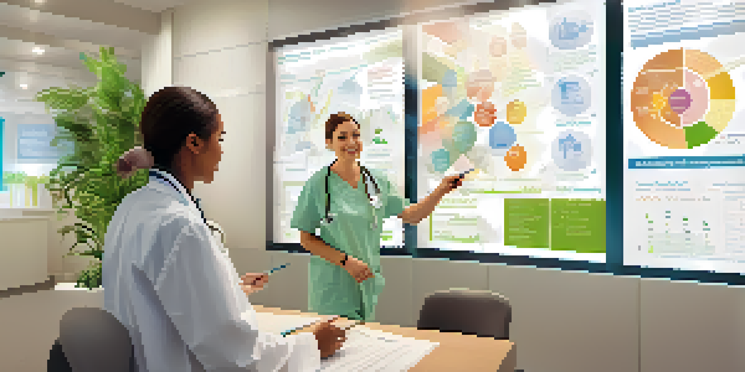 A healthcare provider explaining screening options to a patient in a well-lit clinic, with charts and plants visible.