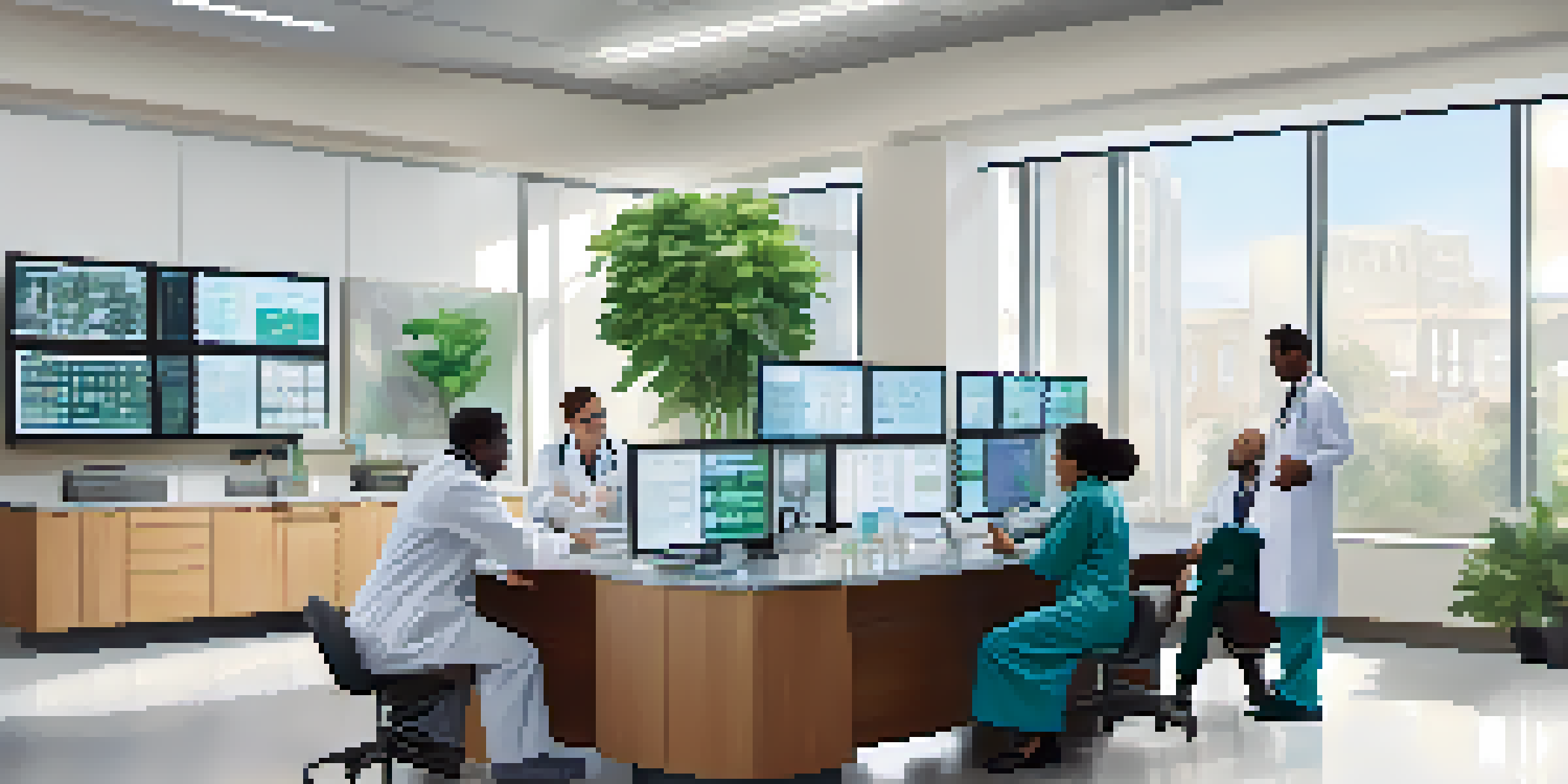 A diverse group of doctors in a bright healthcare office discussing personalized medicine with a digital screen showing genetic data.