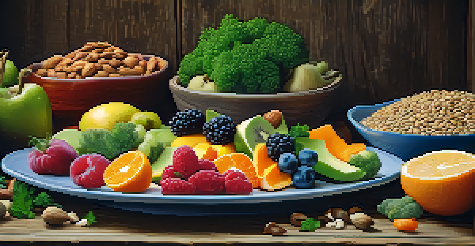 A colorful plate filled with healthy foods like fruits, vegetables, and whole grains on a rustic wooden table.