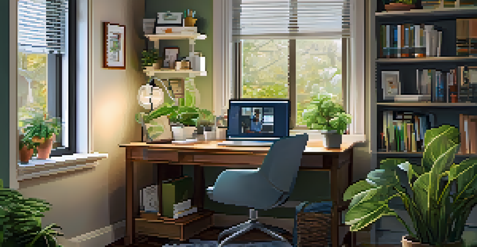 A patient in a cozy home office participating in a telehealth appointment on a laptop.