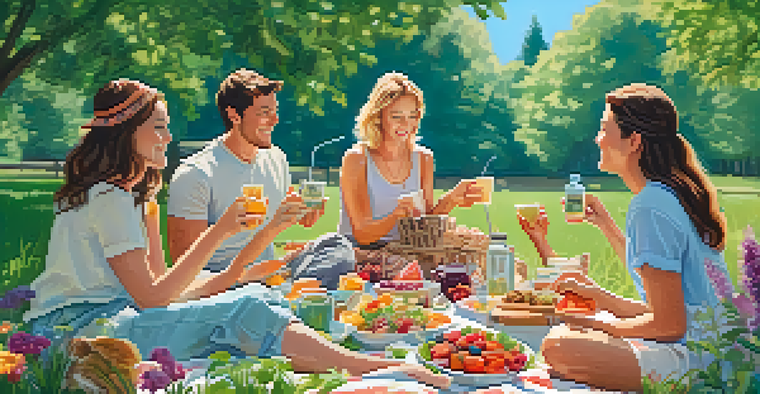 A picnic in a park with friends sharing healthy foods like quinoa salad and fruit skewers on a blanket.