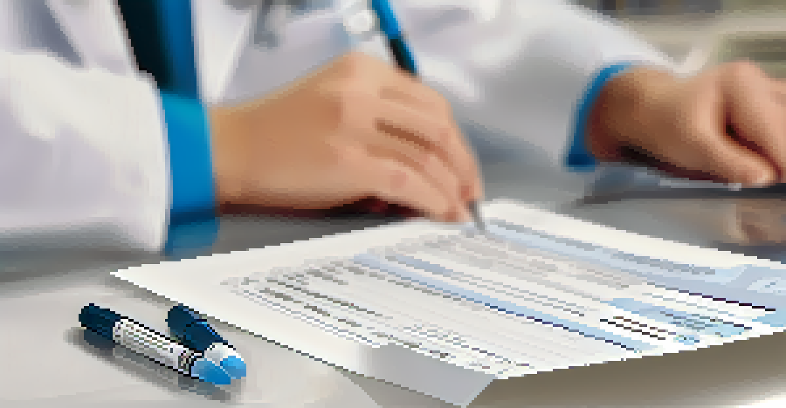 Close-up of hands holding a PSA test result paper in a medical office setting, with a pen ready to make notes.