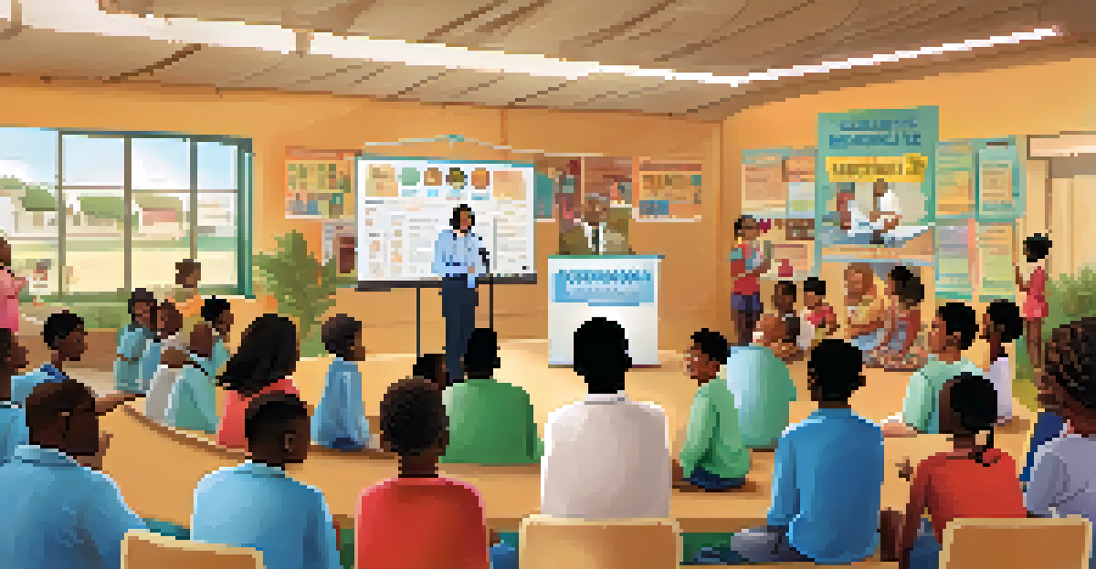 A public health official presenting vaccination information to a diverse community group.