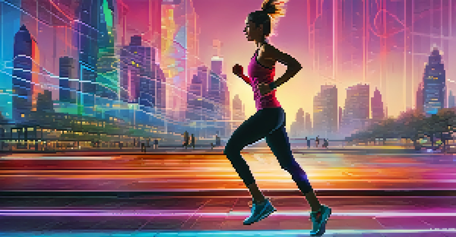 A jogger in a modern city wearing advanced wearable technology, with a bright and dynamic urban background.