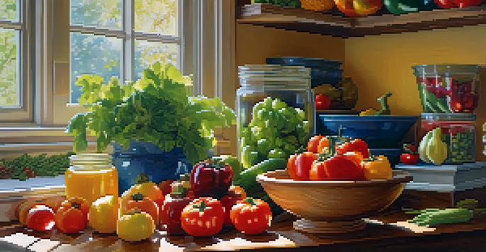 A lively kitchen with fresh fruits and vegetables on a wooden countertop, illuminated by sunlight from a window.