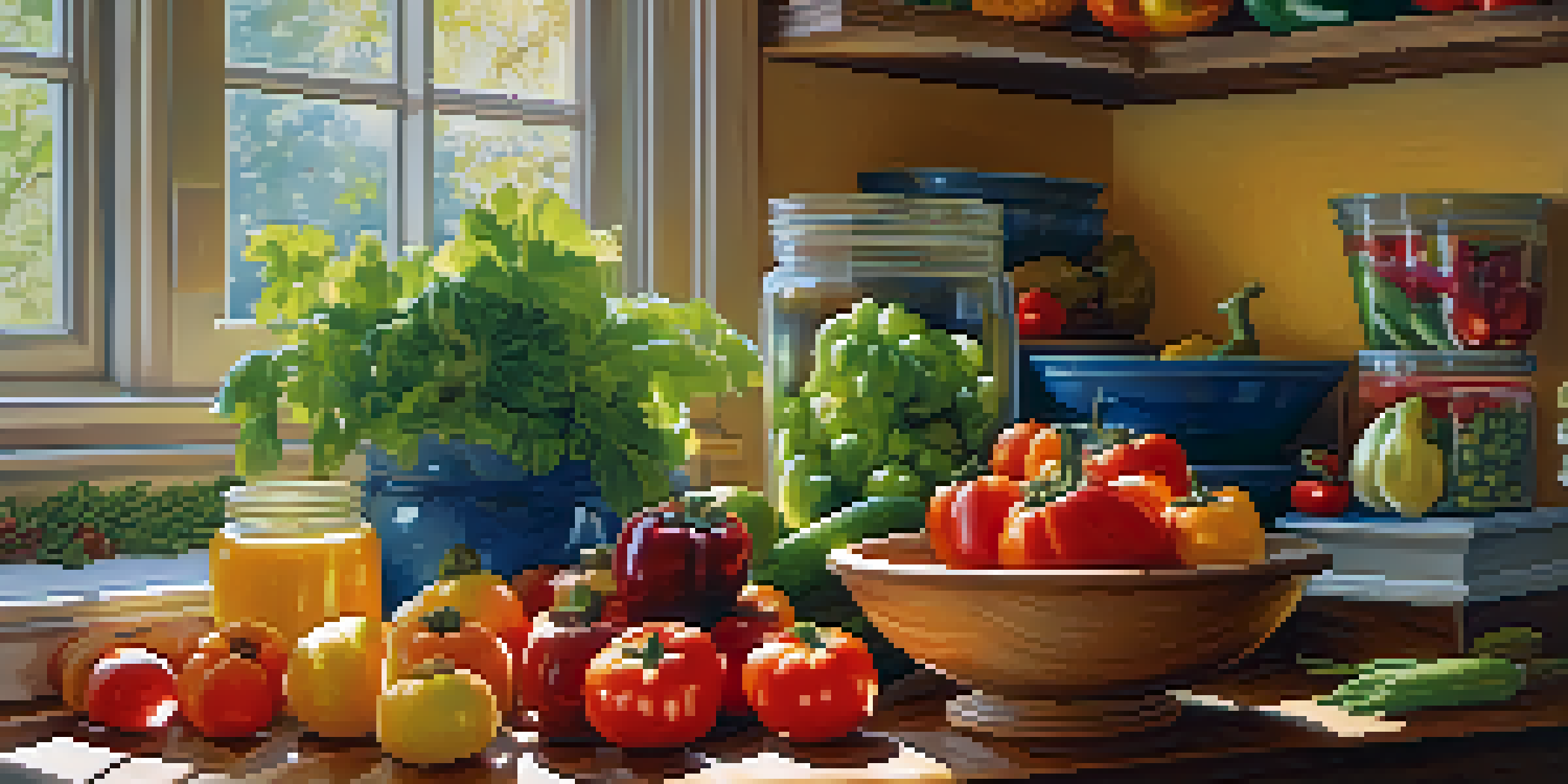 A lively kitchen with fresh fruits and vegetables on a wooden countertop, illuminated by sunlight from a window.