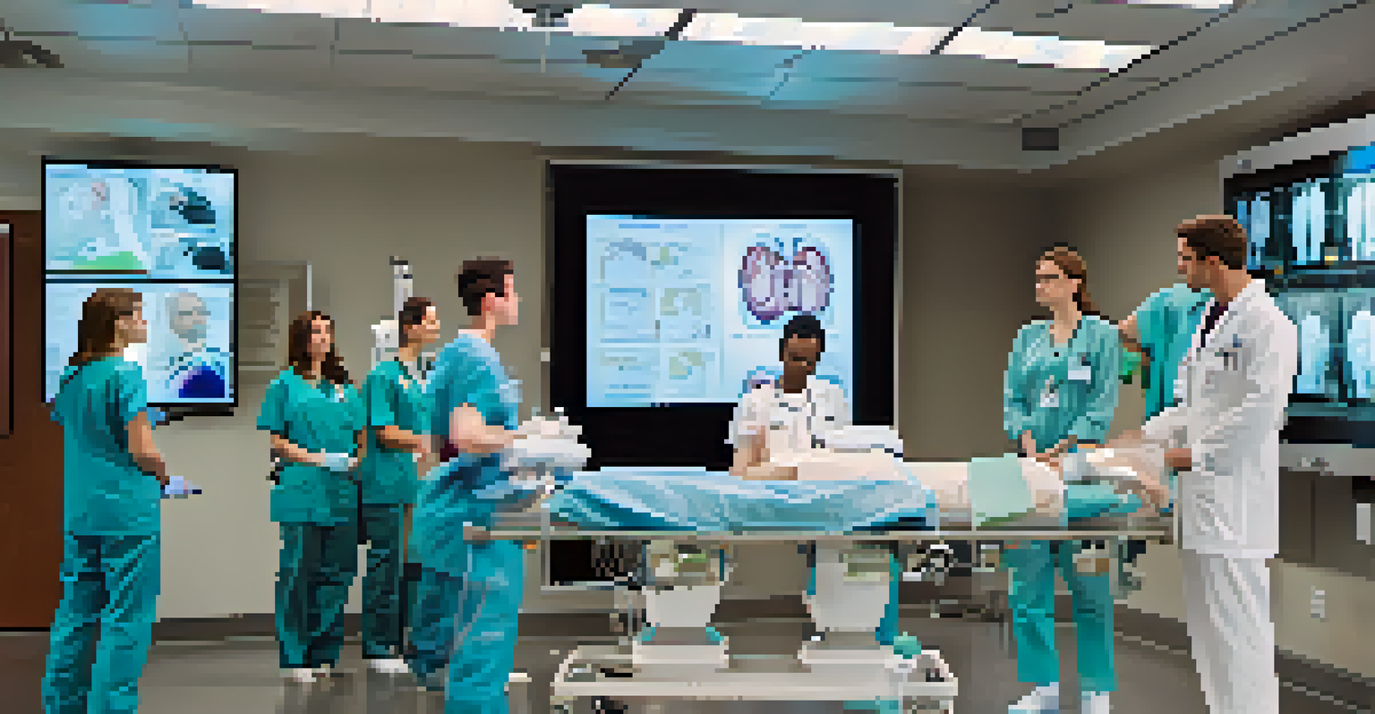 Emergency medicine residents practicing on a training dummy in a simulation room, surrounded by medical equipment.