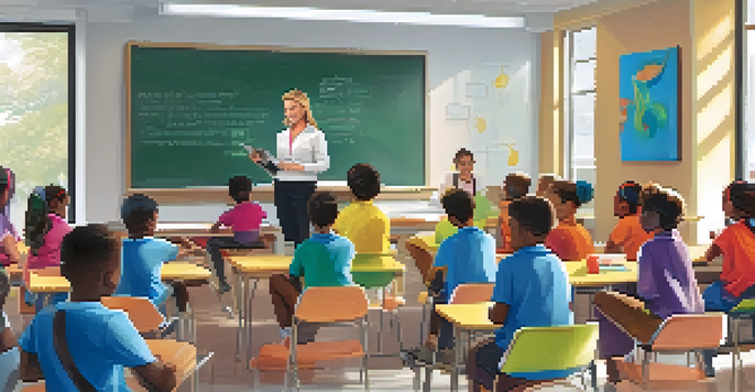 A classroom where a teacher educates students about preventive health with colorful posters and students using tablets.