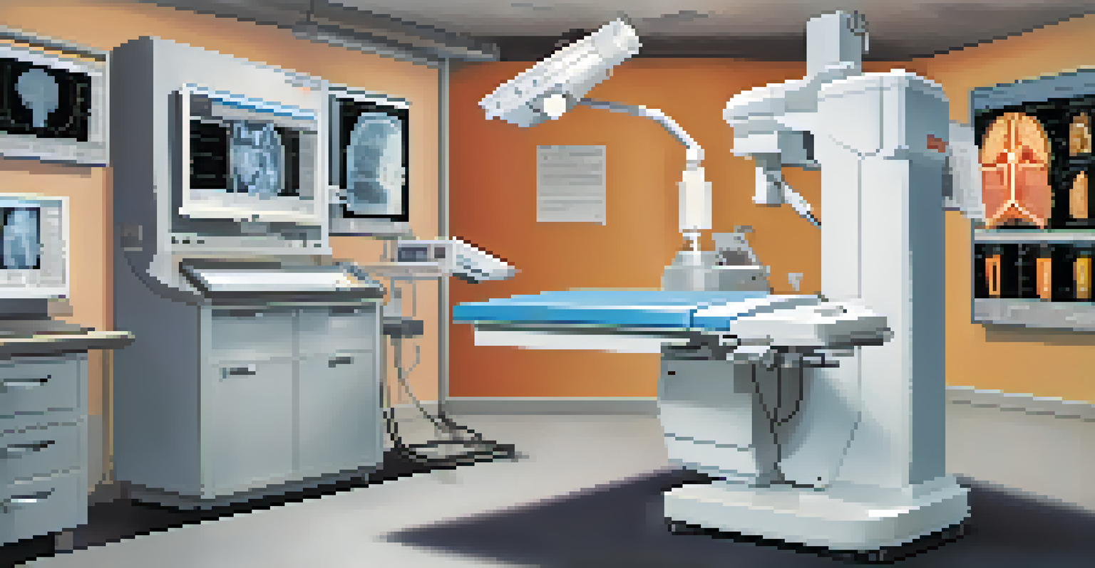 An organized display of different X-ray imaging techniques, including traditional films, CT scans, and fluoroscopy setups.