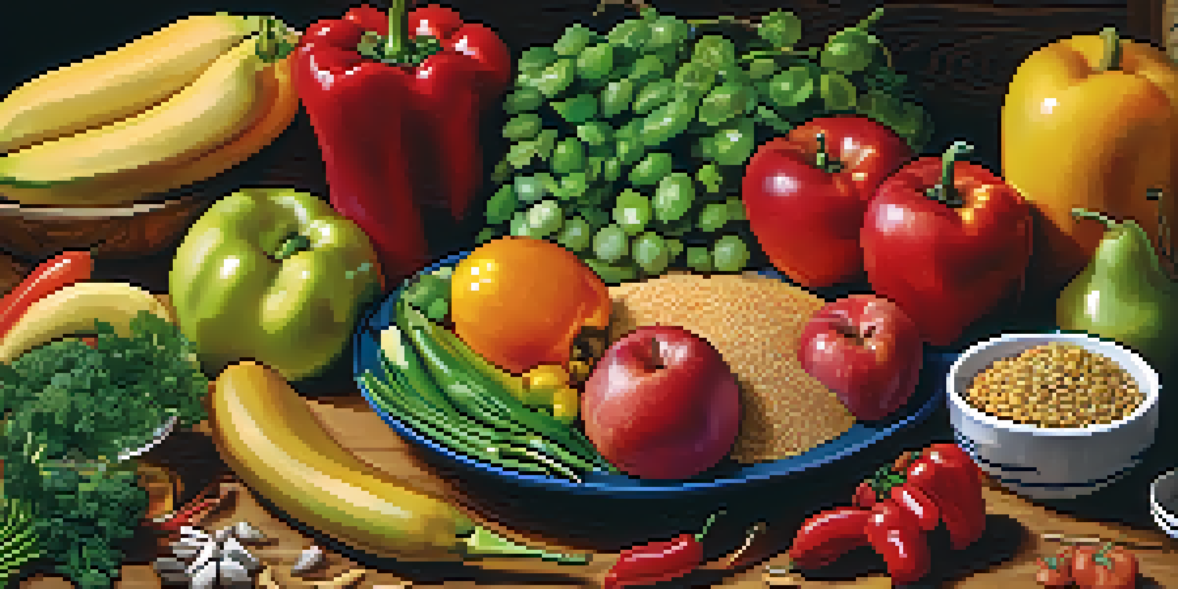 A colorful array of fiber-rich foods on a wooden table, including whole grains, fresh fruits like berries and bananas, and assorted vegetables.