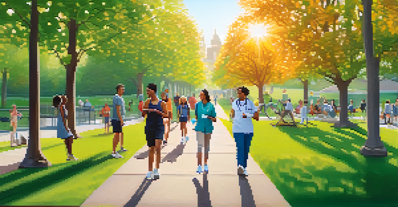 A diverse group of patients walking in a park while using wearable devices for health monitoring, with a sunny atmosphere and lush greenery.
