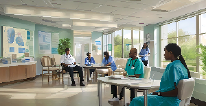 A diverse group of healthcare professionals discussing organ donation in a bright hospital setting.