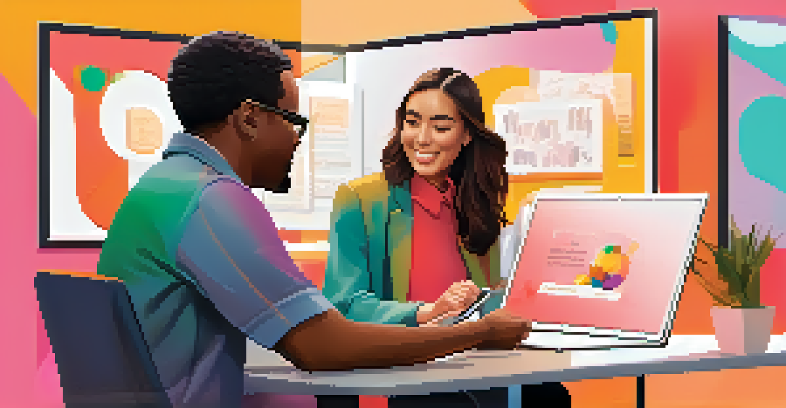 A young woman and an older man collaborate on a digital tablet, setting goals together in a bright, modern environment.