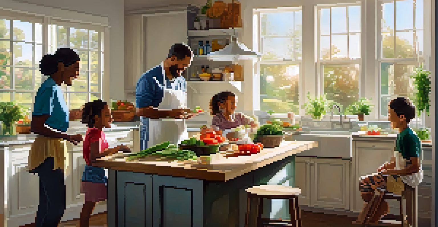 A cheerful family cooking together in a bright kitchen filled with fresh ingredients, showcasing a warm and collaborative environment.