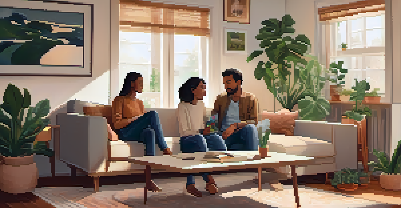 A family sitting in a welcoming living room, discussing mental health with warmth and connection.