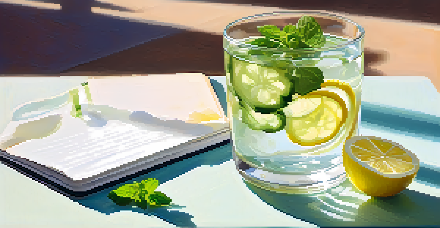 A glass of infused water with lemon and cucumber slices, placed on a sunny table with a notebook.