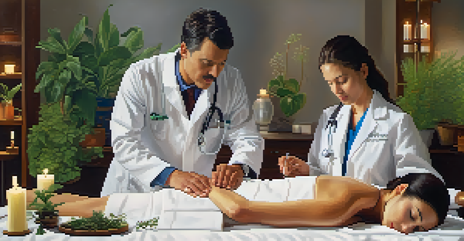 A doctor examining a patient on one side and an acupuncturist treating another patient on the other, representing integrative health.