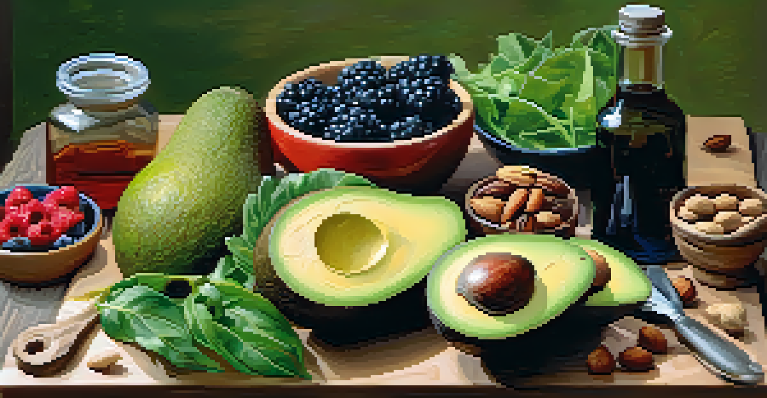 A wooden cutting board with a colorful arrangement of avocados, leafy greens, nuts, and berries, illuminated by natural light.