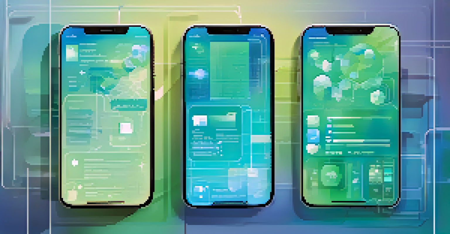 An abstract image of smartphone screens showing health apps against a calming blue and green background.