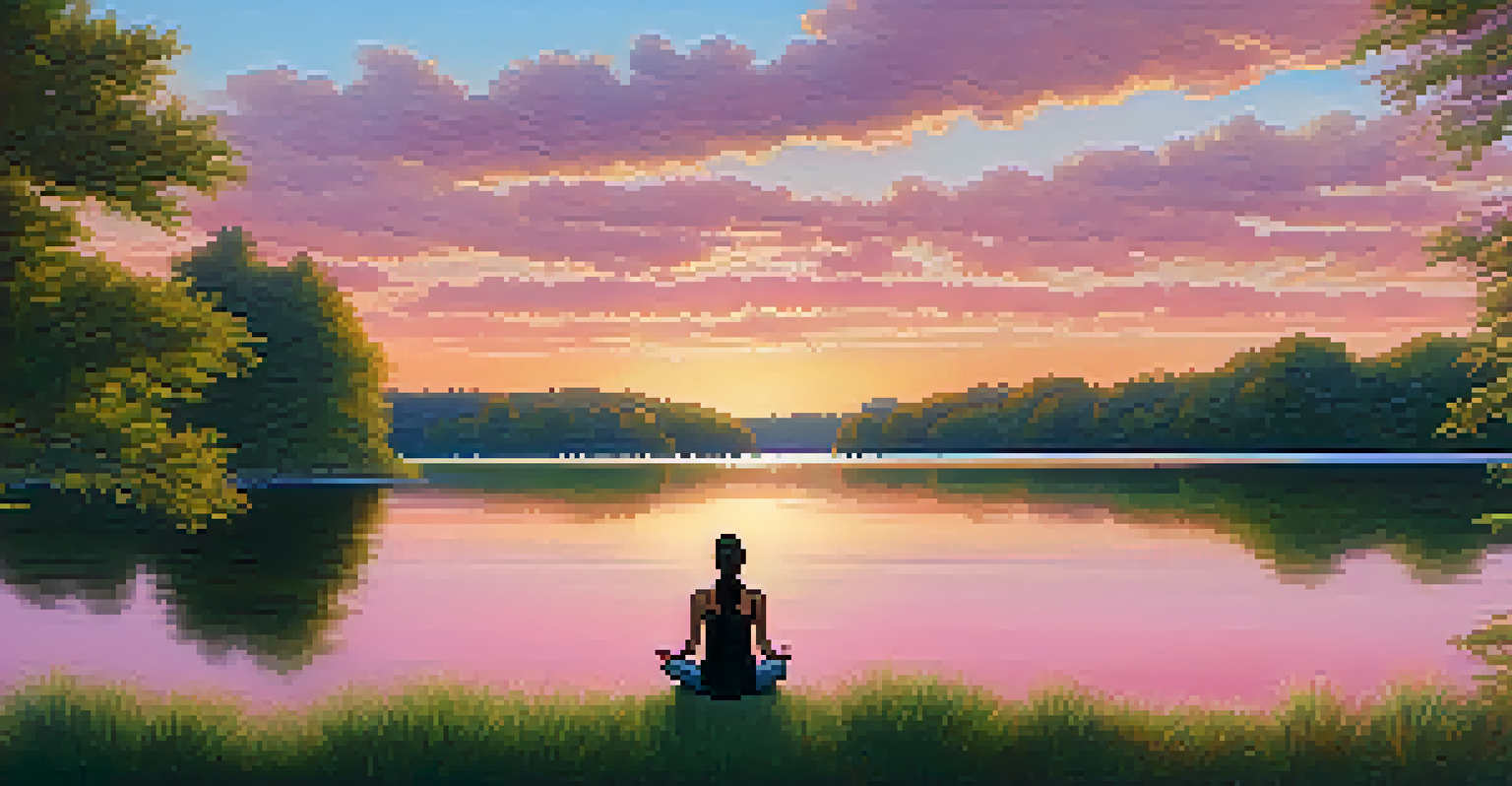 A person meditating by a calm lake at sunset, surrounded by greenery, with the sky reflecting hues of orange and pink on the water.