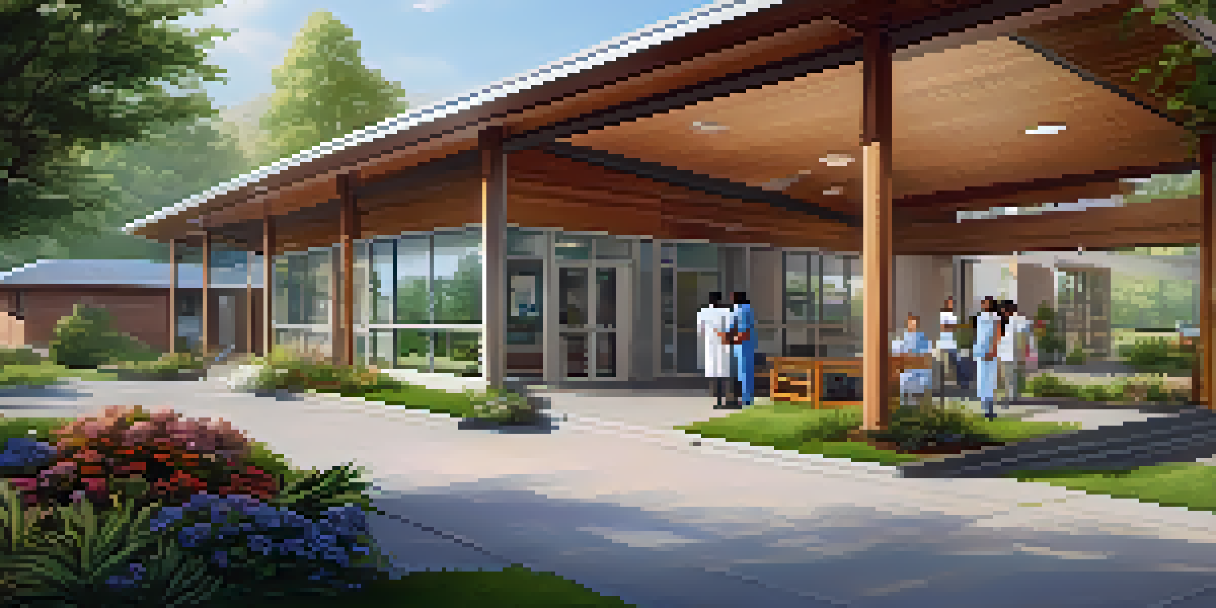 A rural healthcare clinic with healthcare workers and community members, set in a green landscape under a sunny sky.