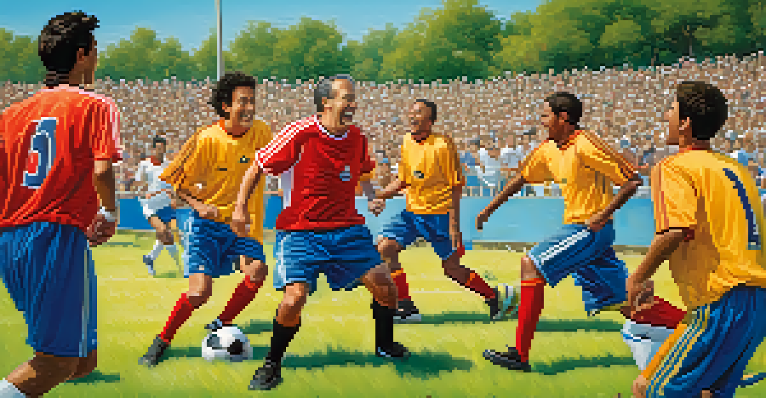 A group of men playing soccer, showcasing teamwork and enjoyment in a sunny outdoor setting.